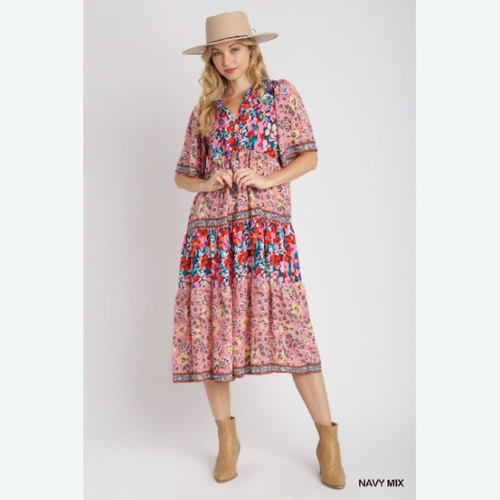 Bohemian Floral Print Maxi Dress - Sizes S/M/L - Navy Multicolor - Picture 2 of 7